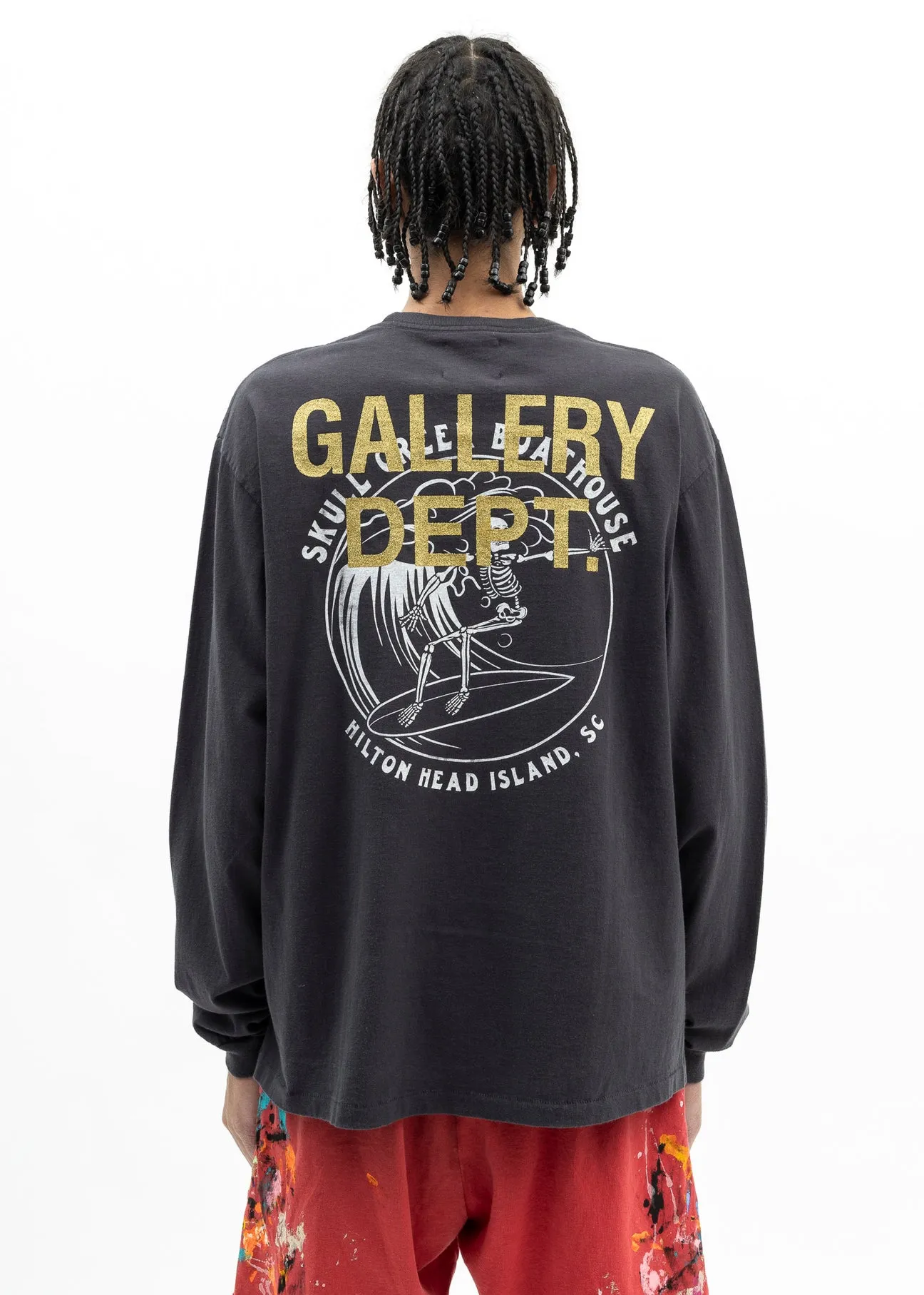GALLERY DEPT. SKULL CREEK L/S TEE/BLK Glitter skull surf long sleeves, washed black S-XL, genuine development, correct version, garment dyed, washed and distressed, printing has a full sense of distress